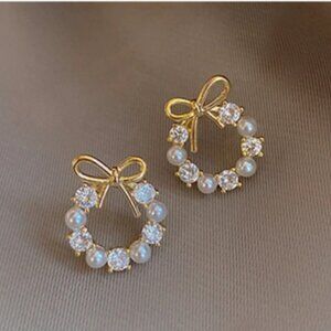 Madam P Elegant Trendy Round Crystal Wreath Bow Stud Earrings For Women Jewelry